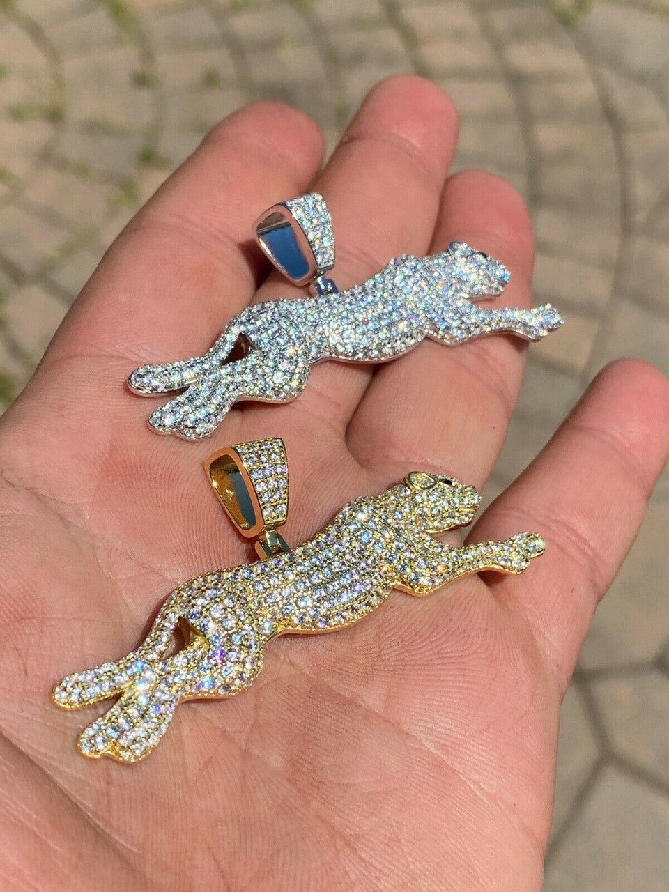 HarlemBling Large Real 925 Sterling Panther Cheetah Puma Pendant Necklace Iced Gold Silver