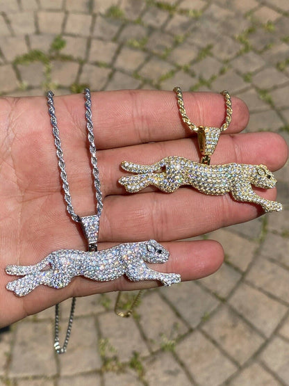 HarlemBling Large Real 925 Sterling Panther Cheetah Puma Pendant Necklace Iced Gold Silver