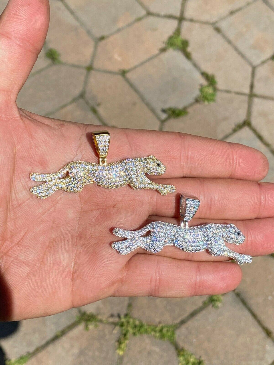 HarlemBling Large Real 925 Sterling Panther Cheetah Puma Pendant Necklace Iced Gold Silver