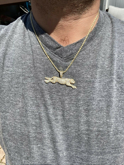 HarlemBling Large Real 925 Sterling Panther Cheetah Puma Pendant Necklace Iced Gold Silver