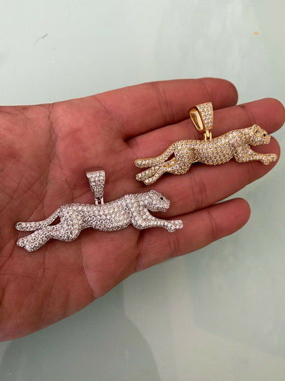 HarlemBling Large Real 925 Sterling Panther Cheetah Puma Pendant Necklace Iced Gold Silver