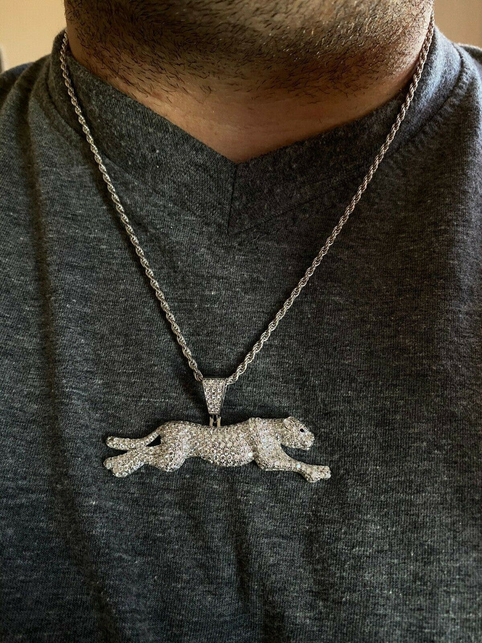 HarlemBling Large Real 925 Sterling Panther Cheetah Puma Pendant Necklace Iced Gold Silver
