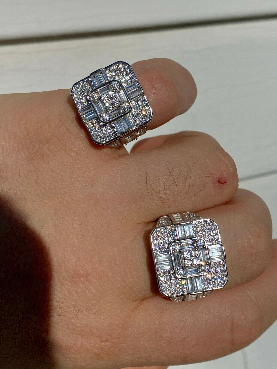 HarlemBling Large Real Solid 925 Sterling Silver Mens Baguette Diamond Cross Ring Hip Hop