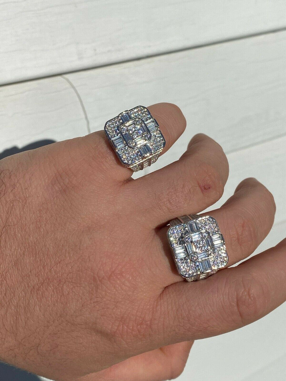 HarlemBling Large Real Solid 925 Sterling Silver Mens Baguette Diamond Cross Ring Hip Hop