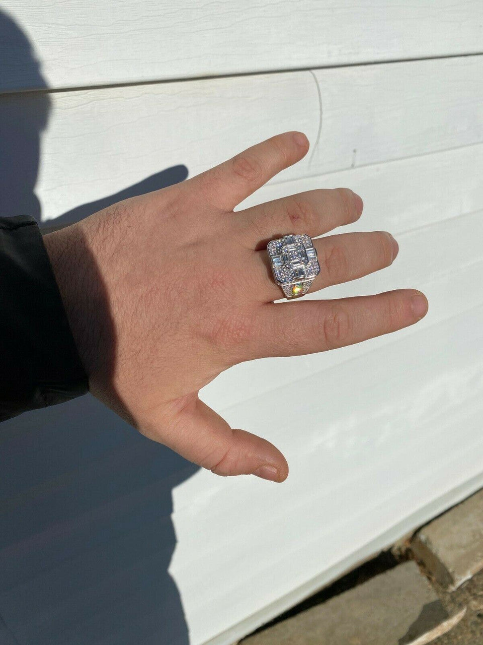 HarlemBling Large Real Solid 925 Sterling Silver Mens Baguette Diamond Cross Ring Hip Hop