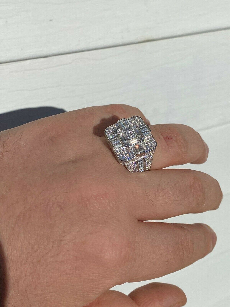 HarlemBling Large Real Solid 925 Sterling Silver Mens Baguette Diamond Cross Ring Hip Hop