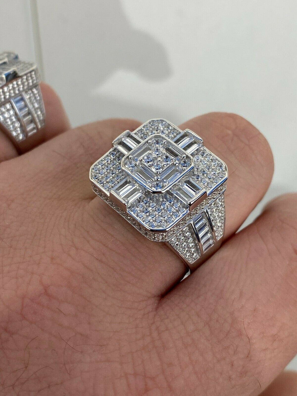 HarlemBling Large Real Solid 925 Sterling Silver Mens Baguette Diamond Cross Ring Hip Hop