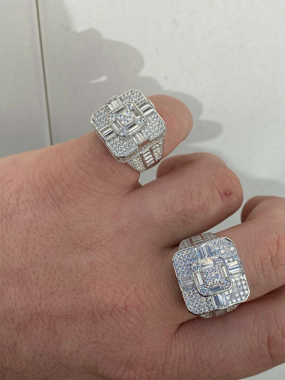 HarlemBling Large Real Solid 925 Sterling Silver Mens Baguette Diamond Cross Ring Hip Hop