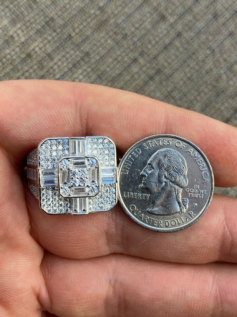 HarlemBling Large Real Solid 925 Sterling Silver Mens Baguette Diamond Cross Ring Hip Hop