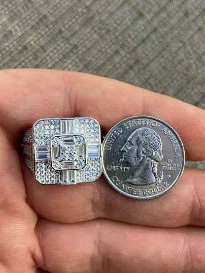 HarlemBling Large Real Solid 925 Sterling Silver Mens Baguette Diamond Cross Ring Hip Hop