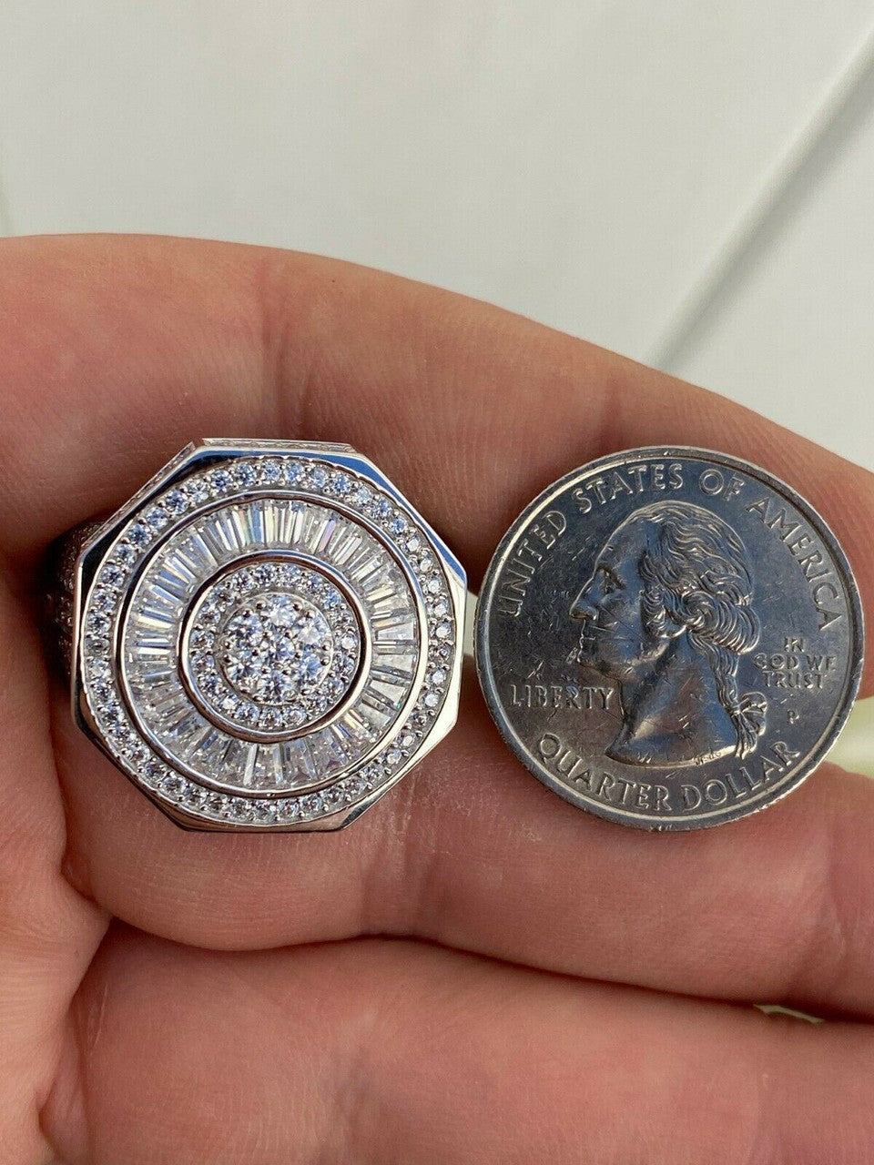 HarlemBling Large Real Solid 925 Sterling Silver Mens Baguette Diamond Pinky Ring Hip Hop