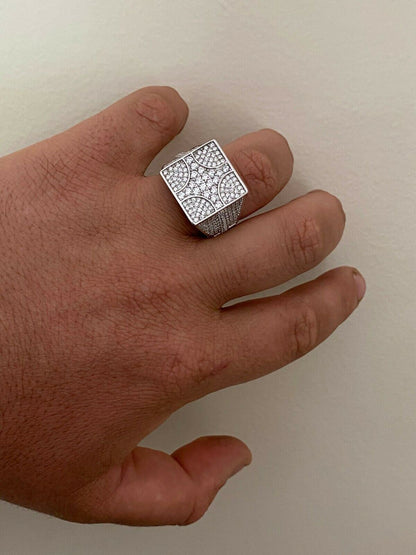 HarlemBling Large Real Solid 925 Sterling Silver Mens Diamond Ring Hip Hop 18mm Square Iced