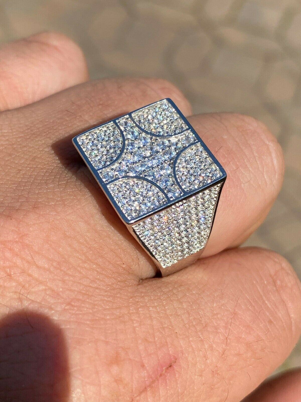 HarlemBling Large Real Solid 925 Sterling Silver Mens Diamond Ring Hip Hop 18mm Square Iced