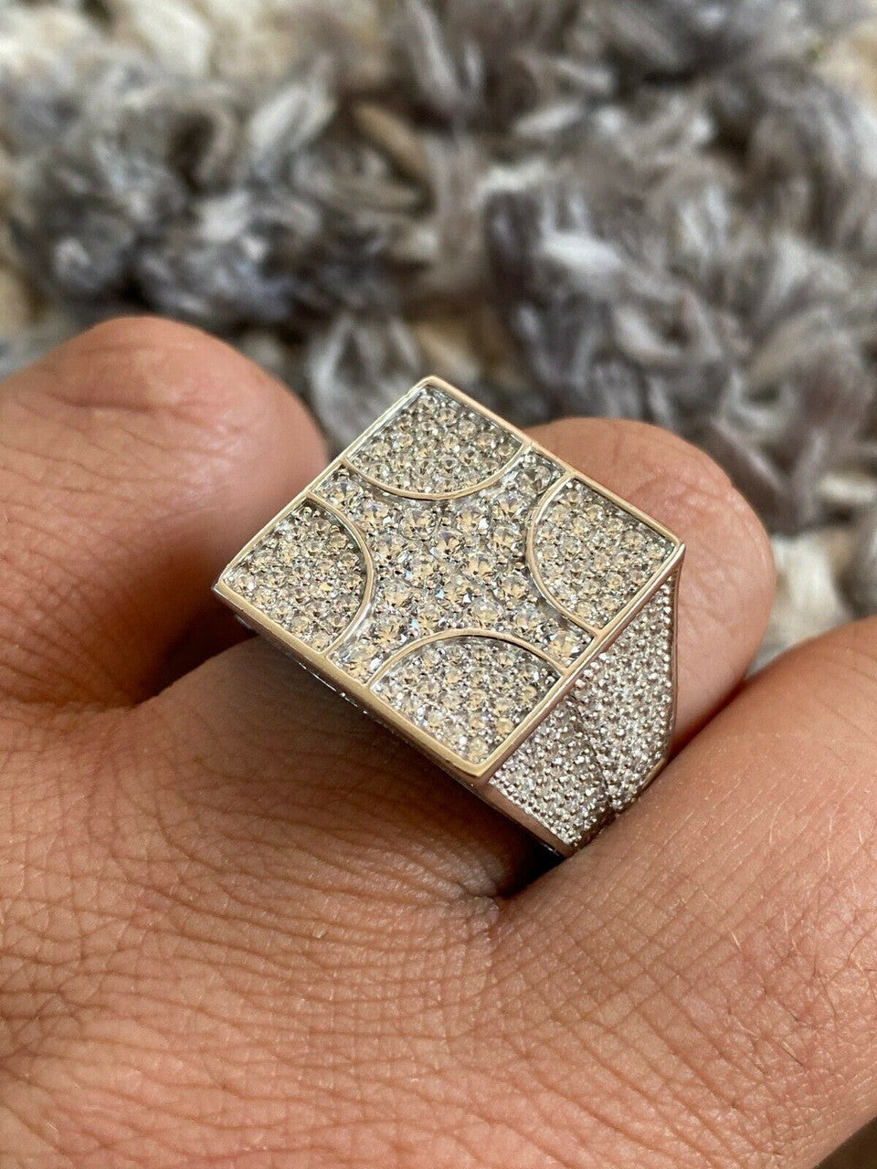 HarlemBling Large Real Solid 925 Sterling Silver Mens Diamond Ring Hip Hop 18mm Square Iced