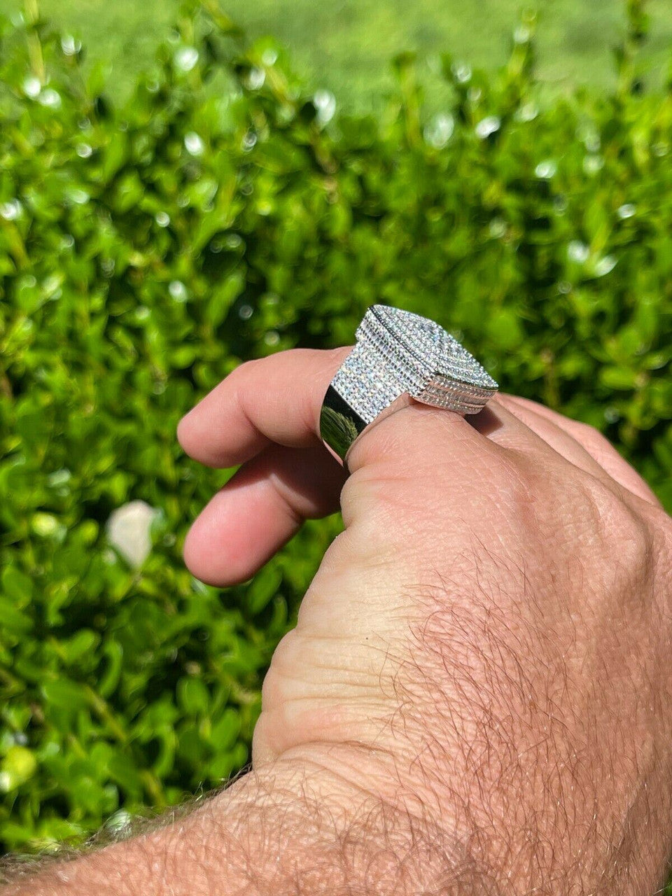 HarlemBling Large Real Solid 925 Sterling Silver Mens Iced Diamond Baguette Out Ring Hip Hop