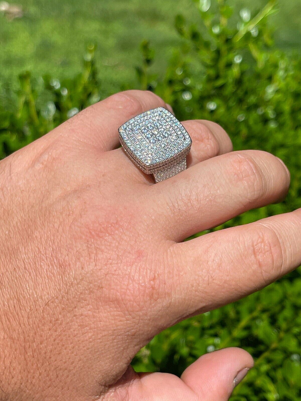 HarlemBling Large Real Solid 925 Sterling Silver Mens Iced Diamond Baguette Out Ring Hip Hop