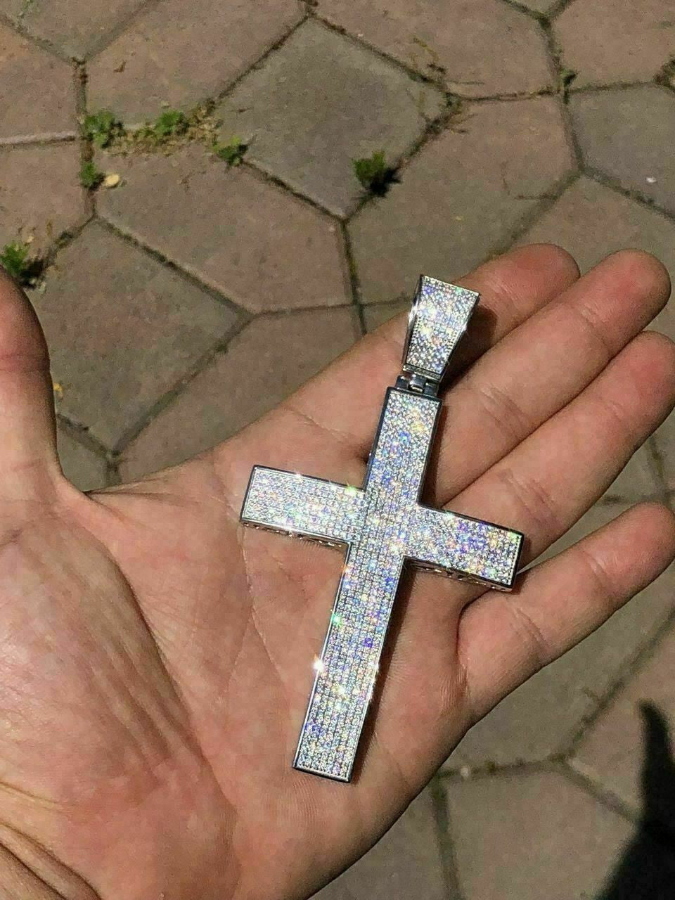 HarlemBling Large Solid 925 Silver Mens Cross 5ct Diamonds 3.25 BIG Hip Hop Pendant Jesus