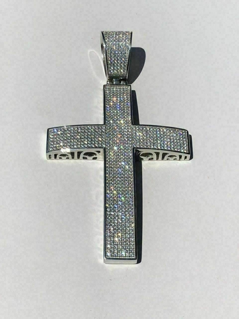 HarlemBling Large Solid 925 Silver Mens Cross 5ct Diamonds 3.25 BIG Hip Hop Pendant Jesus