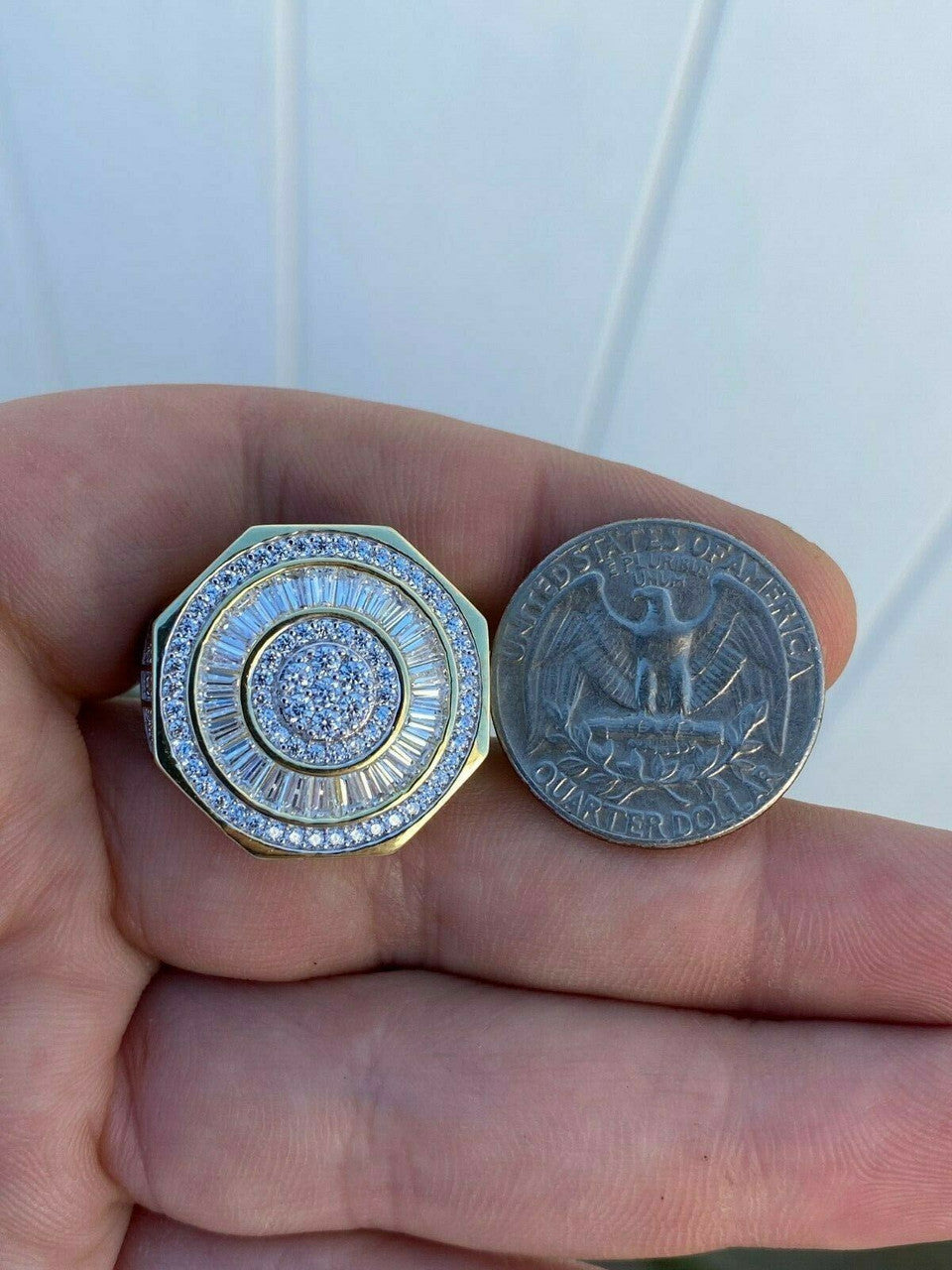 HarlemBling Large Solid Real 925 Sterling Silver 14k Gold Finish Baguette Pinky Ring Hip Hop