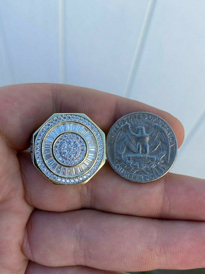 HarlemBling Large Solid Real 925 Sterling Silver 14k Gold Finish Baguette Pinky Ring Hip Hop