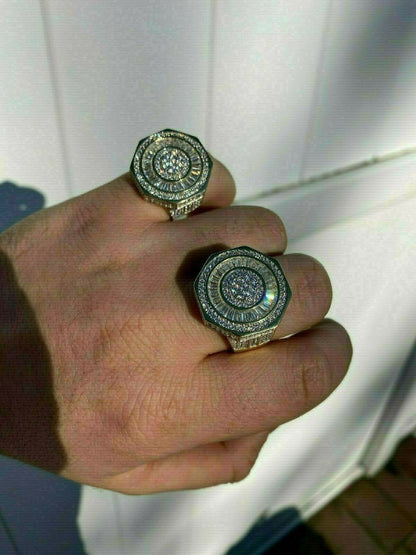 HarlemBling Large Solid Real 925 Sterling Silver 14k Gold Finish Baguette Pinky Ring Hip Hop