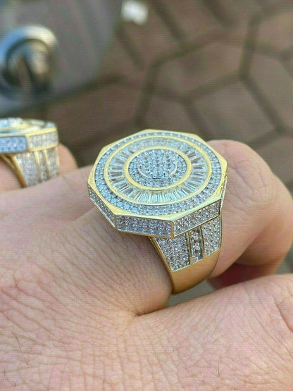 HarlemBling Large Solid Real 925 Sterling Silver 14k Gold Finish Baguette Pinky Ring Hip Hop