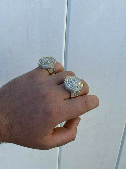 HarlemBling Large Solid Real 925 Sterling Silver 14k Gold Finish Baguette Pinky Ring Hip Hop