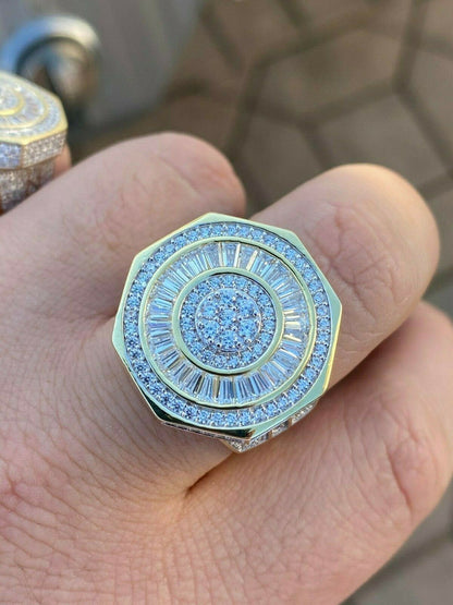 HarlemBling Large Solid Real 925 Sterling Silver 14k Gold Finish Baguette Pinky Ring Hip Hop