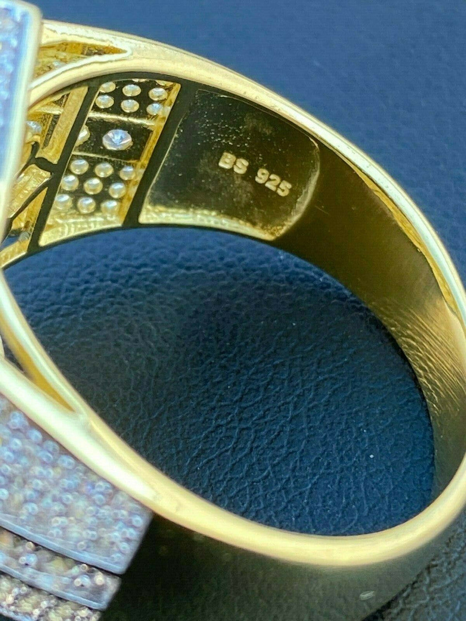 HarlemBling Large Solid Real 925 Sterling Silver 14k Gold Finish Baguette Pinky Ring Hip Hop