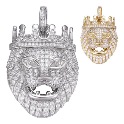 HarlemBling Lion W. Crown African Rasta Pendant - 14k Gold Vermeil Or 925 Silver - CZ Stones - Small 1.5"