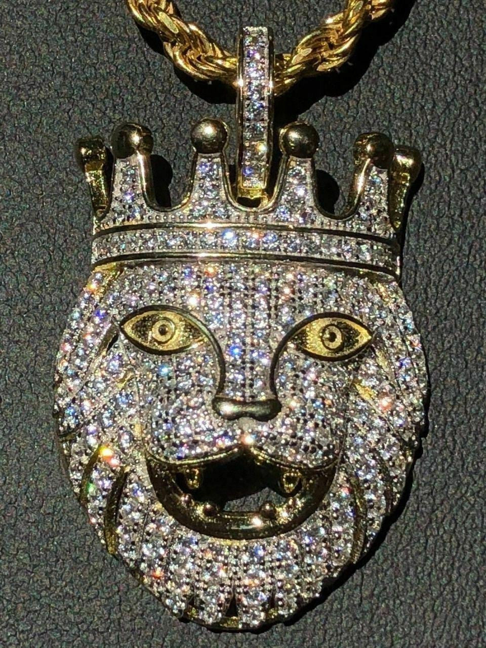 HarlemBling Lion W Crown Solid 925 Sterling Silver Pendant Diamond African Rasta LEO Chain
