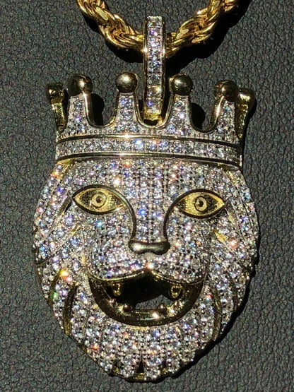 HarlemBling Lion W Crown Solid 925 Sterling Silver Pendant Diamond African Rasta LEO Chain