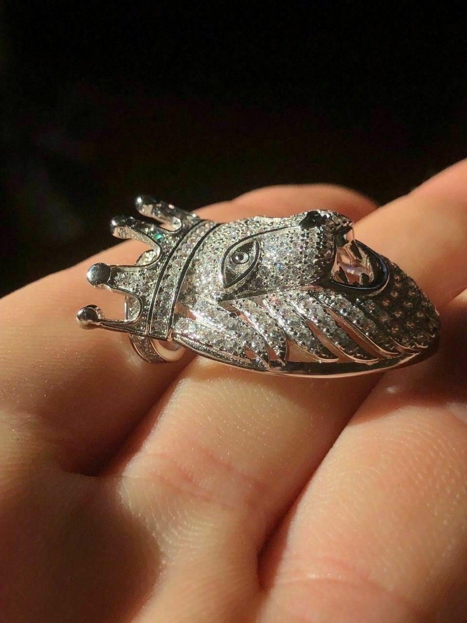 HarlemBling Lion W Crown Solid 925 Sterling Silver Pendant Diamond African Rasta LEO Chain