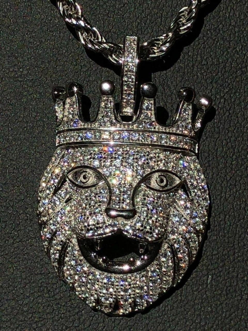 HarlemBling Lion W Crown Solid 925 Sterling Silver Pendant Diamond African Rasta LEO Chain