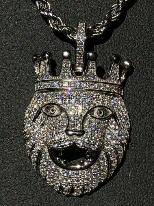HarlemBling Lion W Crown Solid 925 Sterling Silver Pendant Diamond African Rasta LEO Chain