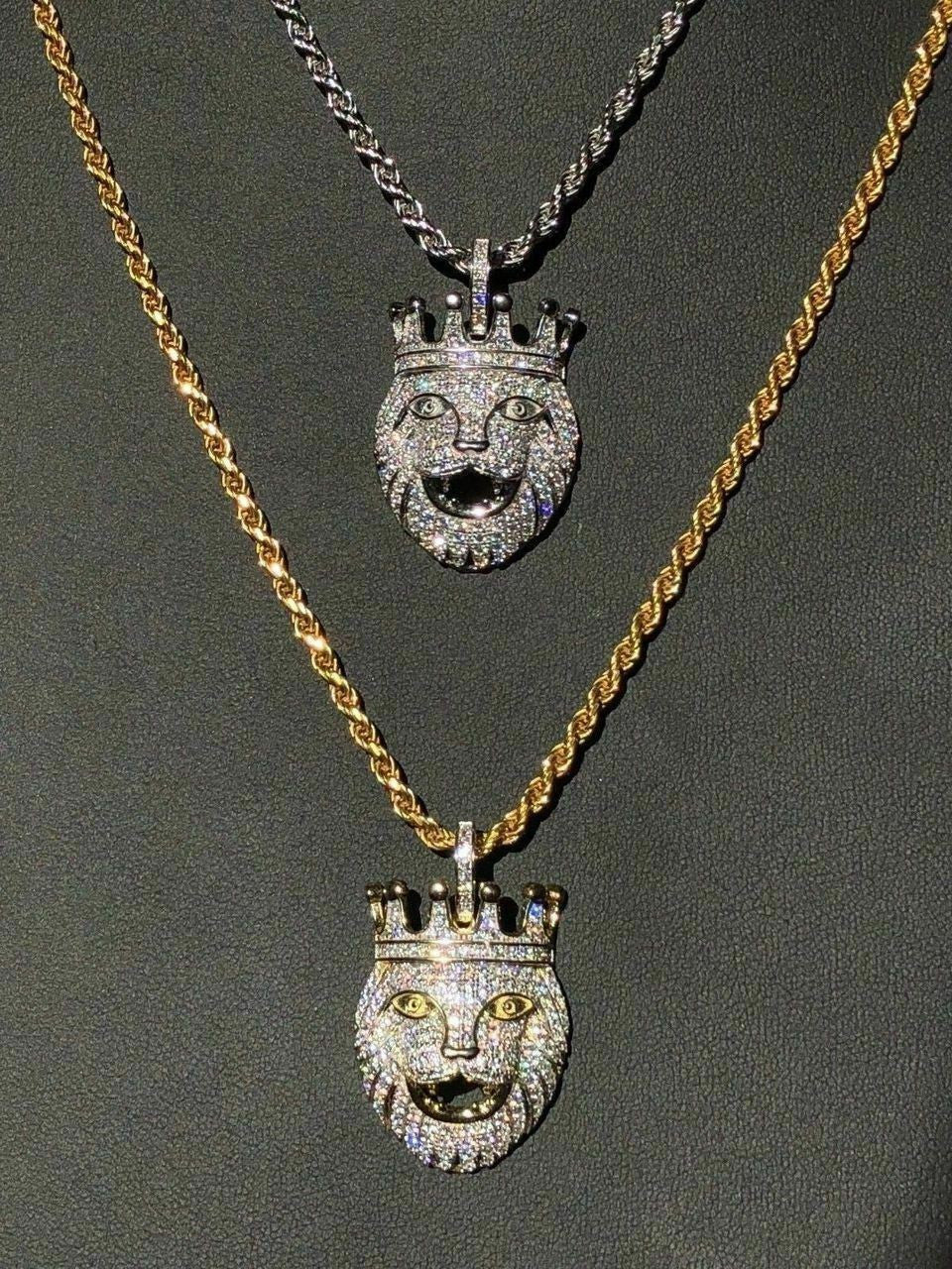 HarlemBling Lion W Crown Solid 925 Sterling Silver Pendant Diamond African Rasta LEO Chain