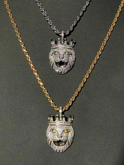 HarlemBling Lion W Crown Solid 925 Sterling Silver Pendant Diamond African Rasta LEO Chain