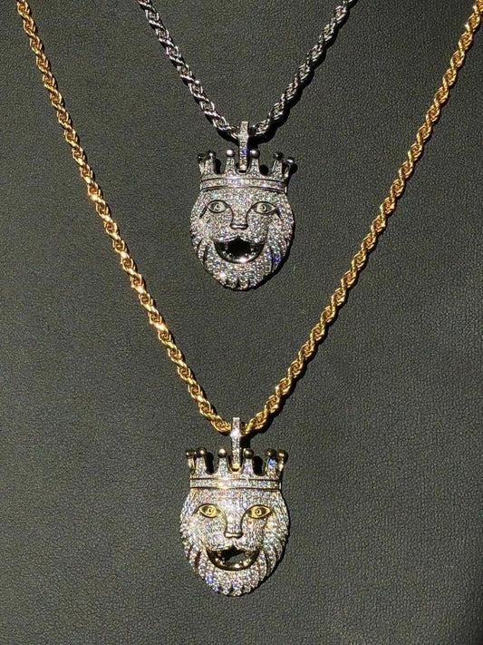 HarlemBling Lion W Crown Solid 925 Sterling Silver Pendant Diamond African Rasta LEO Chain