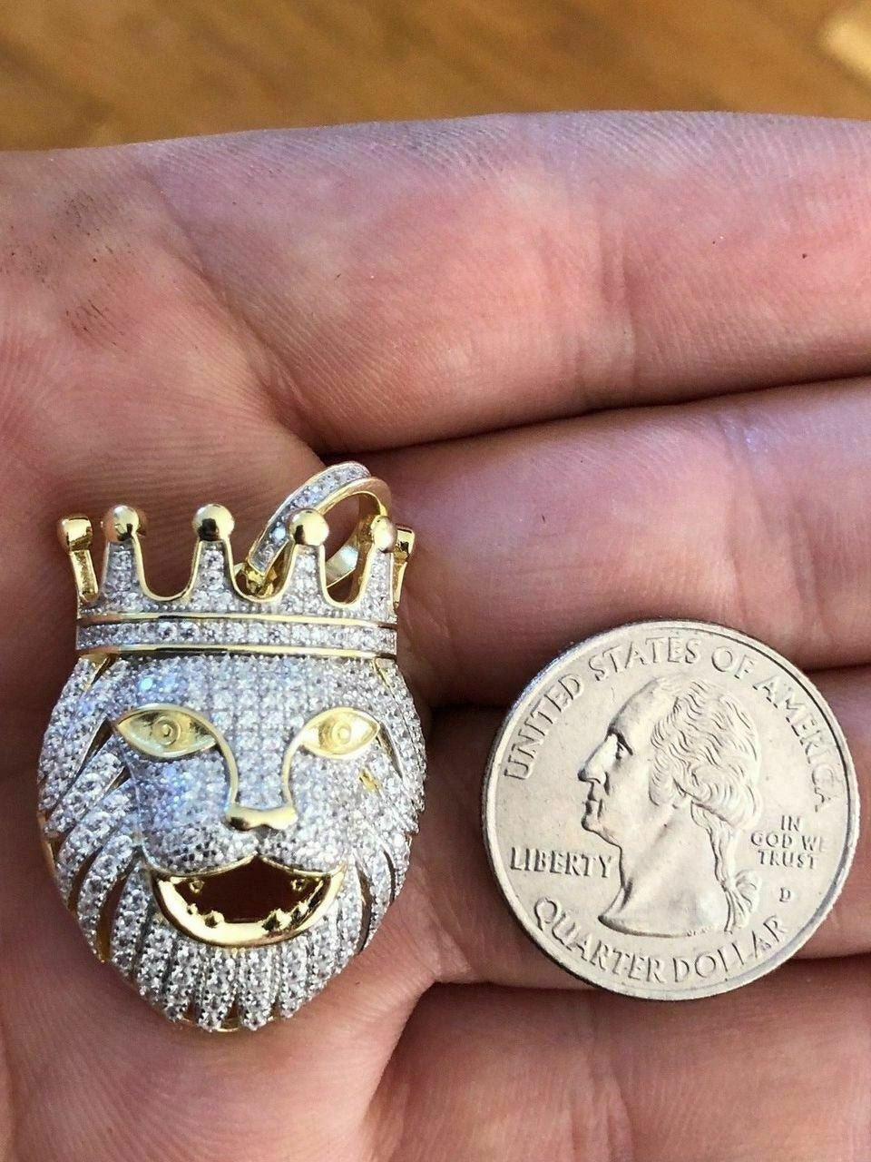 HarlemBling Lion W Crown Solid 925 Sterling Silver Pendant Diamond African Rasta LEO Chain