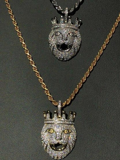 HarlemBling Lion W Crown Solid 925 Sterling Silver Pendant Diamond African Rasta LEO Chain