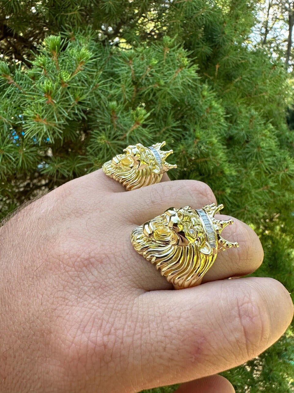 HarlemBling Lion W. Moissanite Baguette Crown 3D Mens Ring - 14k Gold Over Real 925 Silver