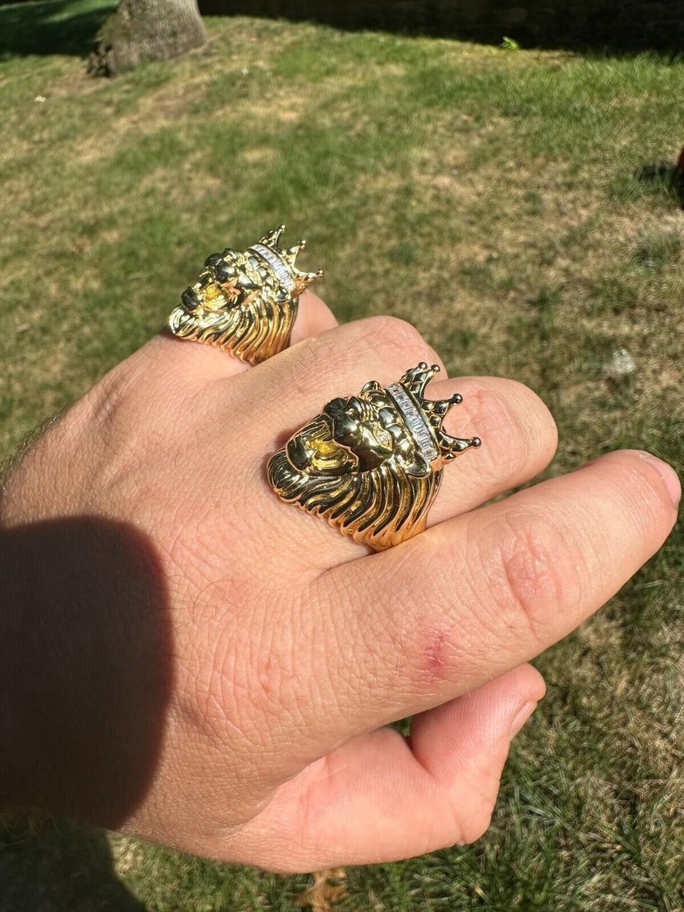 HarlemBling Lion W. Moissanite Baguette Crown 3D Mens Ring - 14k Gold Over Real 925 Silver