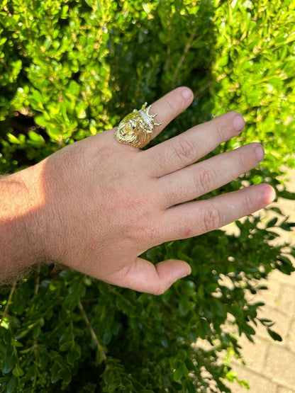 HarlemBling Lion W. Moissanite Baguette Crown 3D Mens Ring - 14k Gold Over Real 925 Silver