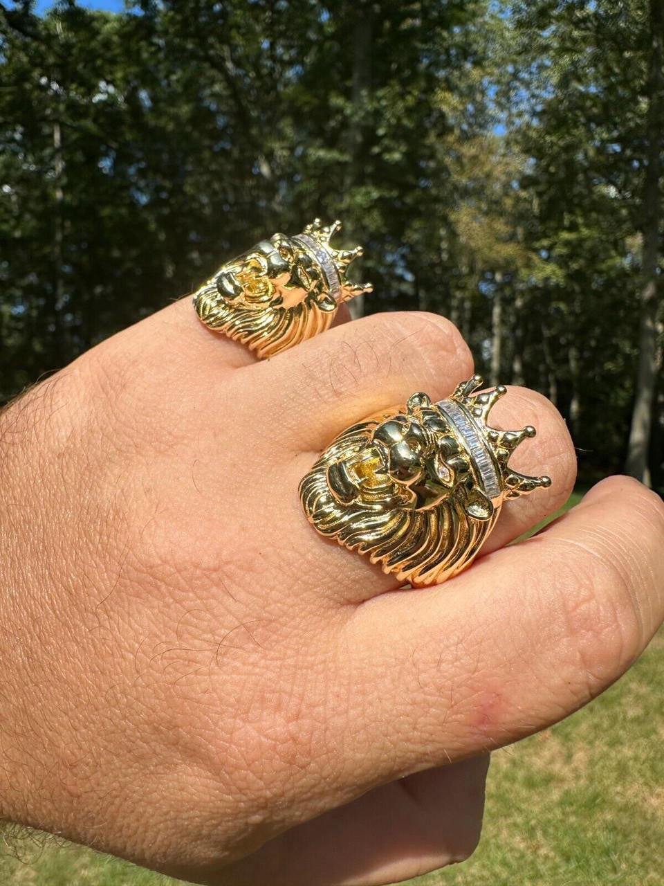 HarlemBling Lion W. Moissanite Baguette Crown 3D Mens Ring - 14k Gold Over Real 925 Silver