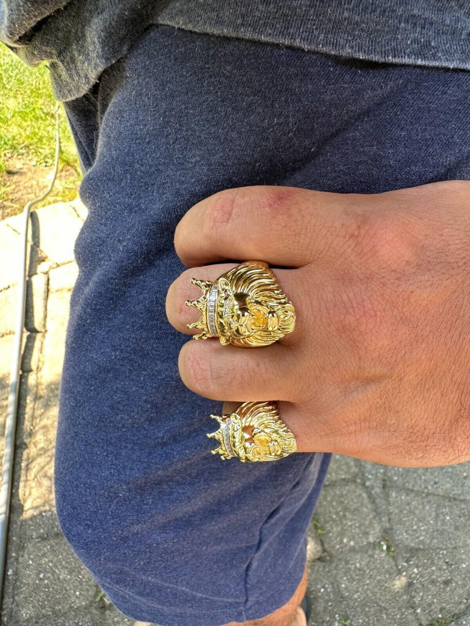 HarlemBling Lion W. Moissanite Baguette Crown 3D Mens Ring - 14k Gold Over Real 925 Silver