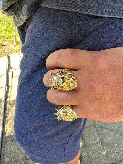 HarlemBling Lion W. Moissanite Baguette Crown 3D Mens Ring - 14k Gold Over Real 925 Silver