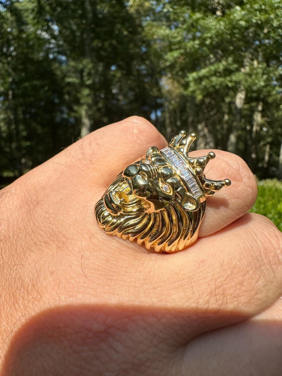 HarlemBling Lion W. Moissanite Baguette Crown 3D Mens Ring - 14k Gold Over Real 925 Silver