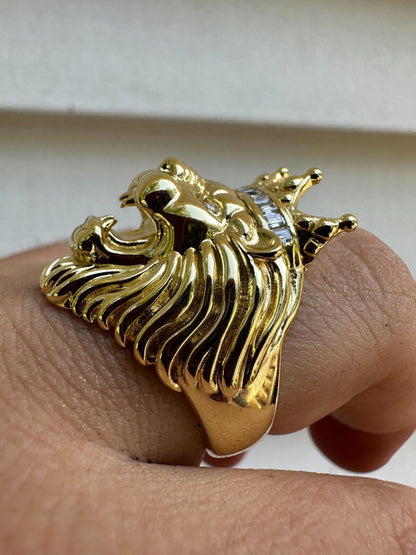 HarlemBling Lion W. Moissanite Baguette Crown 3D Mens Ring - 14k Gold Over Real 925 Silver