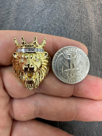 HarlemBling Lion W. Moissanite Baguette Crown 3D Mens Ring - 14k Gold Over Real 925 Silver