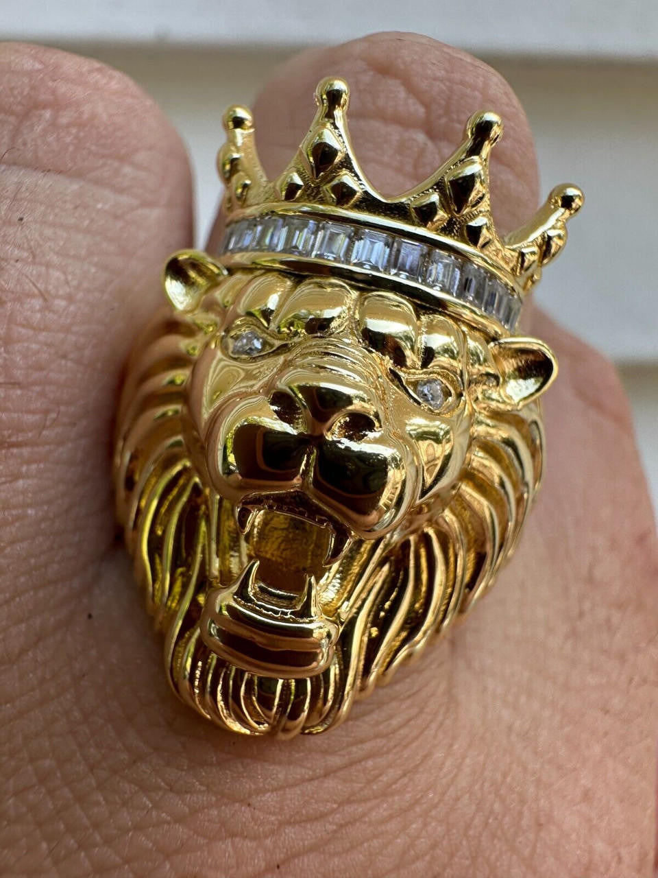 HarlemBling Lion W. Moissanite Baguette Crown 3D Mens Ring - 14k Gold Over Real 925 Silver